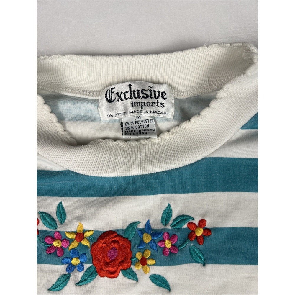 Vintage Exclusive Imports Teal White Striped Floral Embroidered T-Shirt Womens M - Picture 3 of 6